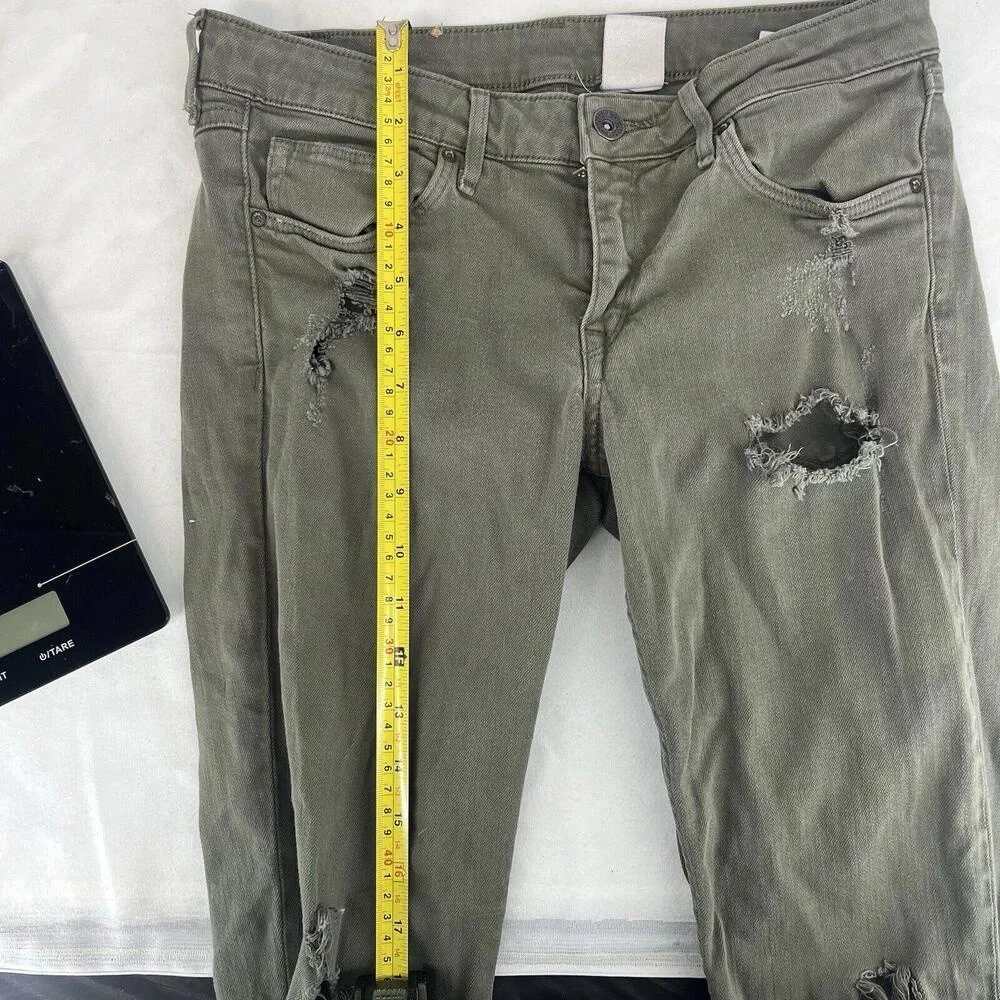 H&M‎ Green Olive Super Skinny Low Waist Distressed Denim Jeans Ripped Knee 31